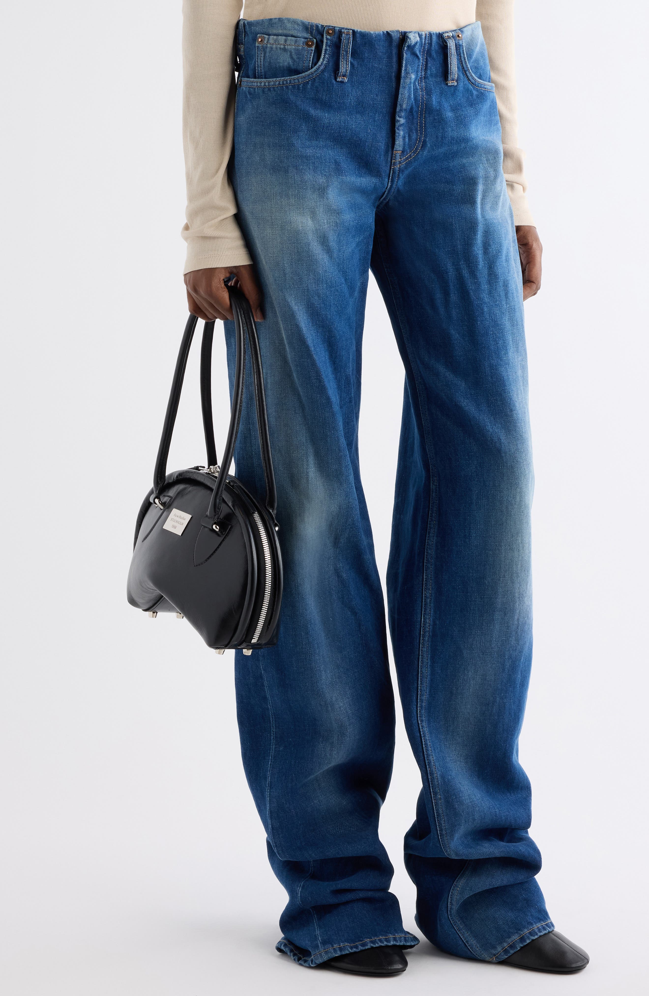 Acne Studios Small Bowlina Leather Shoulder Bag, Alternate, color, Black