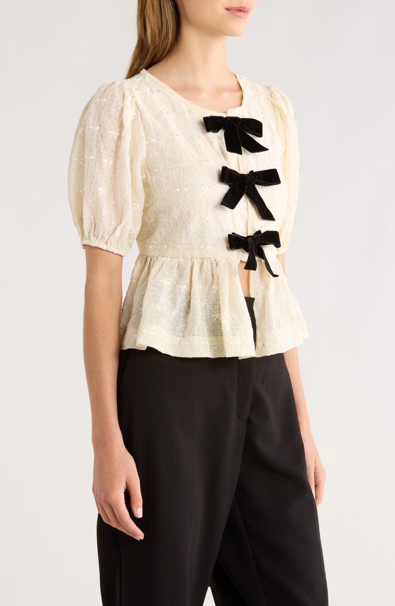 All in Favor Tie Front Puff Sleeve Peplum Top, Alternate, color, Cream Black