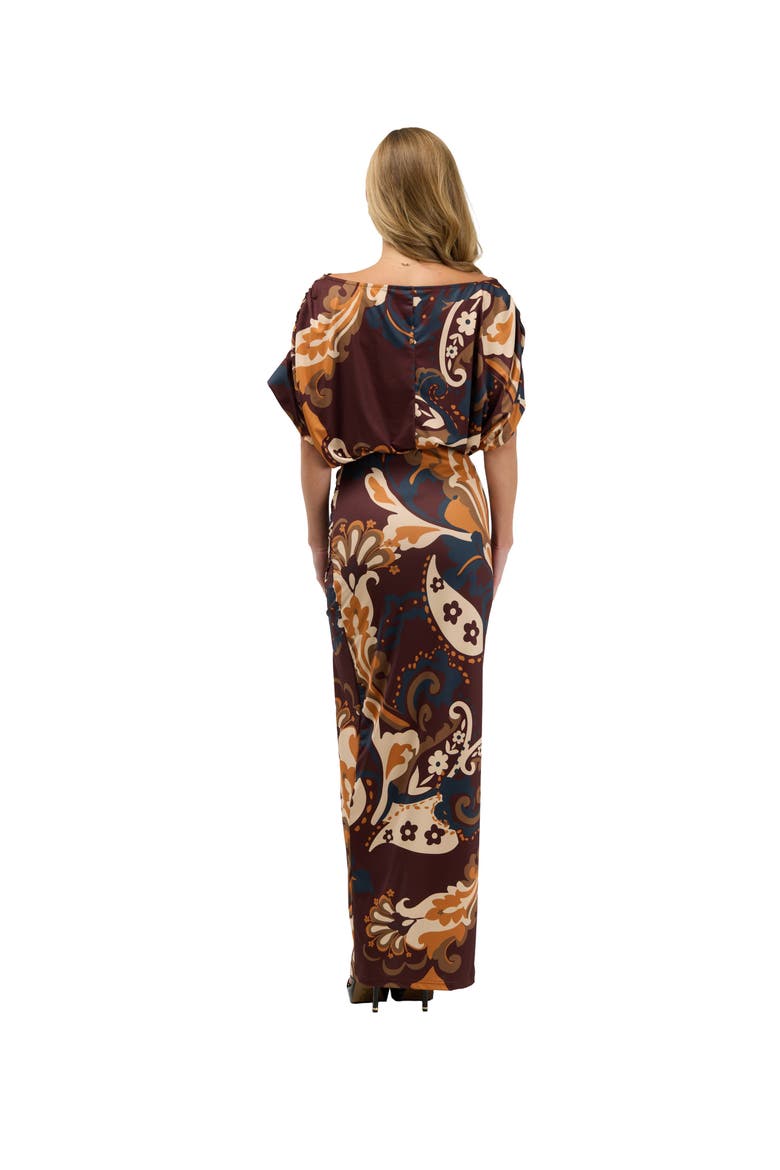 Elevate Womens Boat Neck Sleeve Bodycon Front Slit Long Maxi Dress, Alternate, color, Red Multi