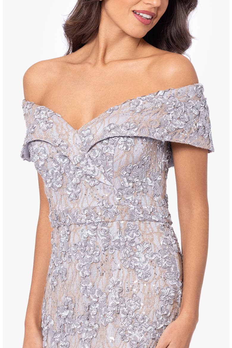 Off the Shoulder Embroidered Gown, Alternate, color, GOLD/ SILVER
