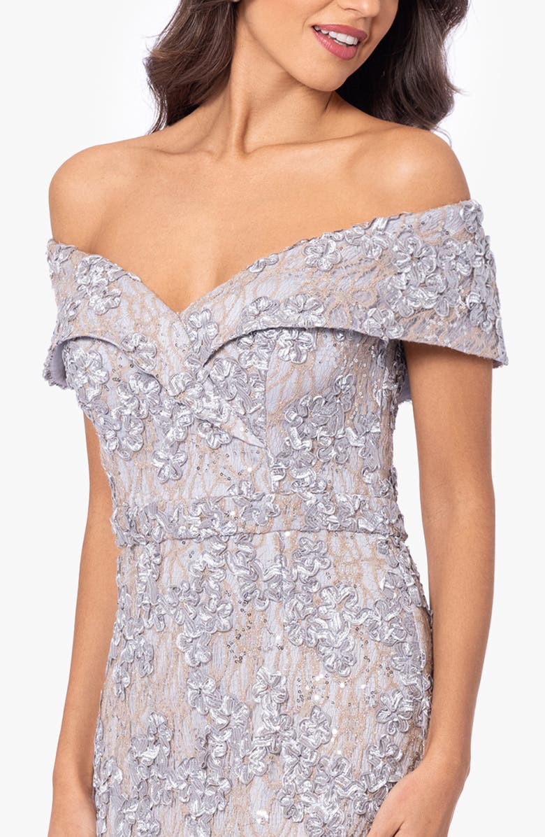 Xscape Evenings Off the Shoulder Embroidered Gown, Alternate, color, Gold/ Silver
