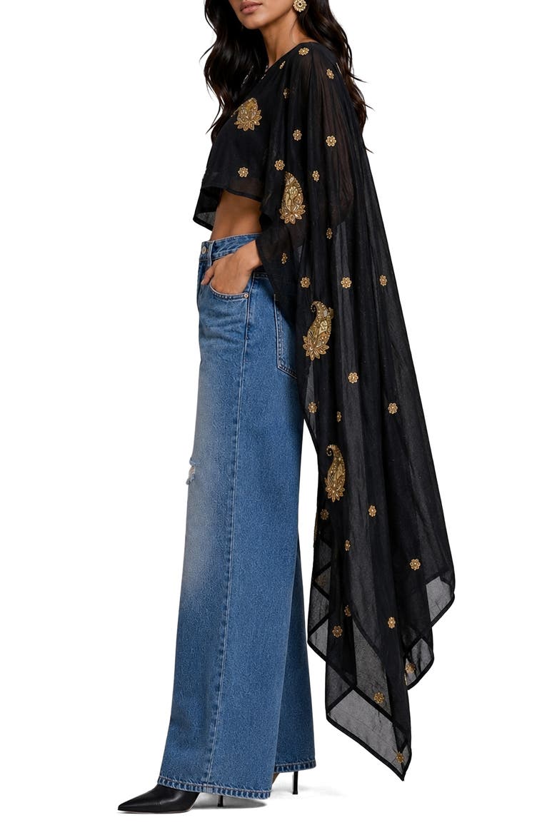 Rimi Embroidered Georgette Cape Top, Alternate, color, BLACK