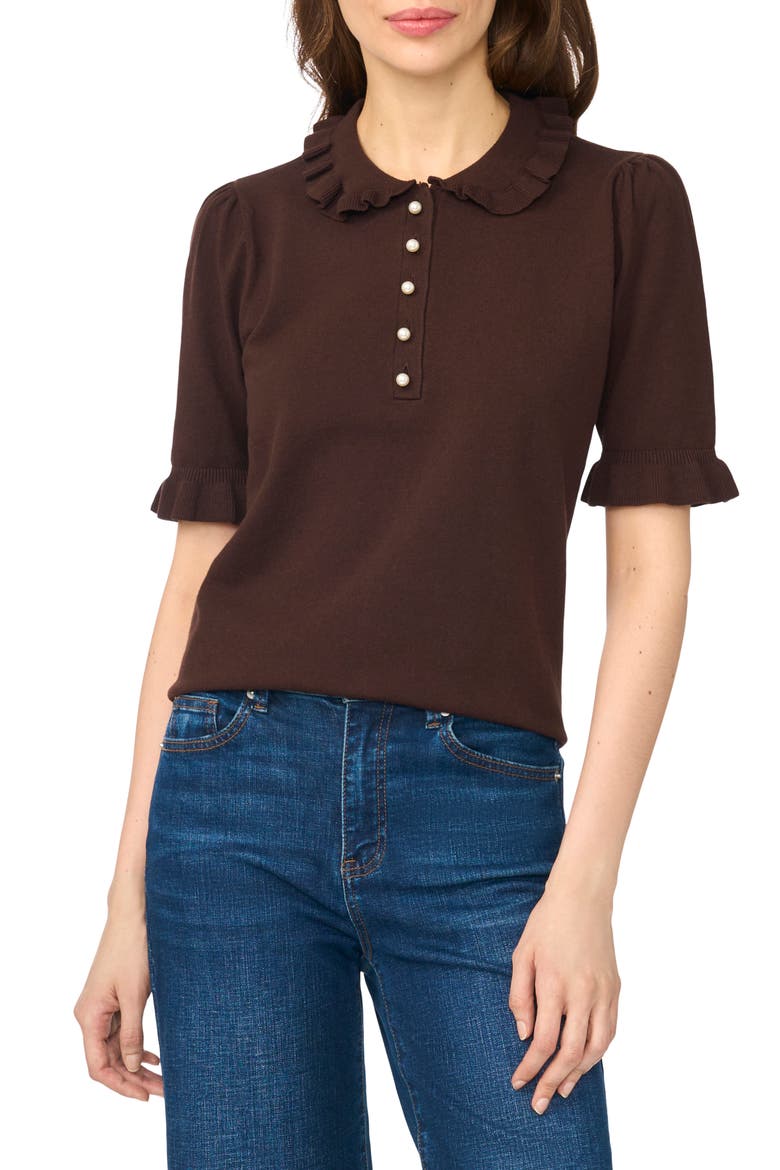 Ruffle Collar Short Sleeve Polo Sweater, Main, color, COFFEE BEAN