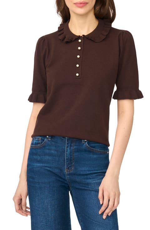 Ruffle Collar Short Sleeve Polo Sweater