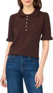 CeCe Ruffle Collar Short Sleeve Polo Sweater