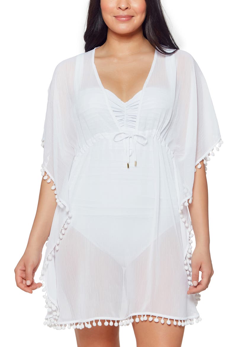 Gypset Pompom Sheer Cover-Up Caftan, Main, color, WHITE