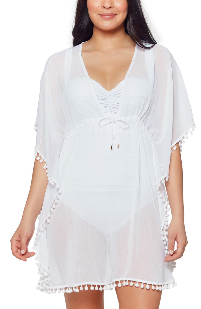 BLEU by Rod Beattie Gypset Pompom Sheer Cover-Up Caftan, Main, color, White