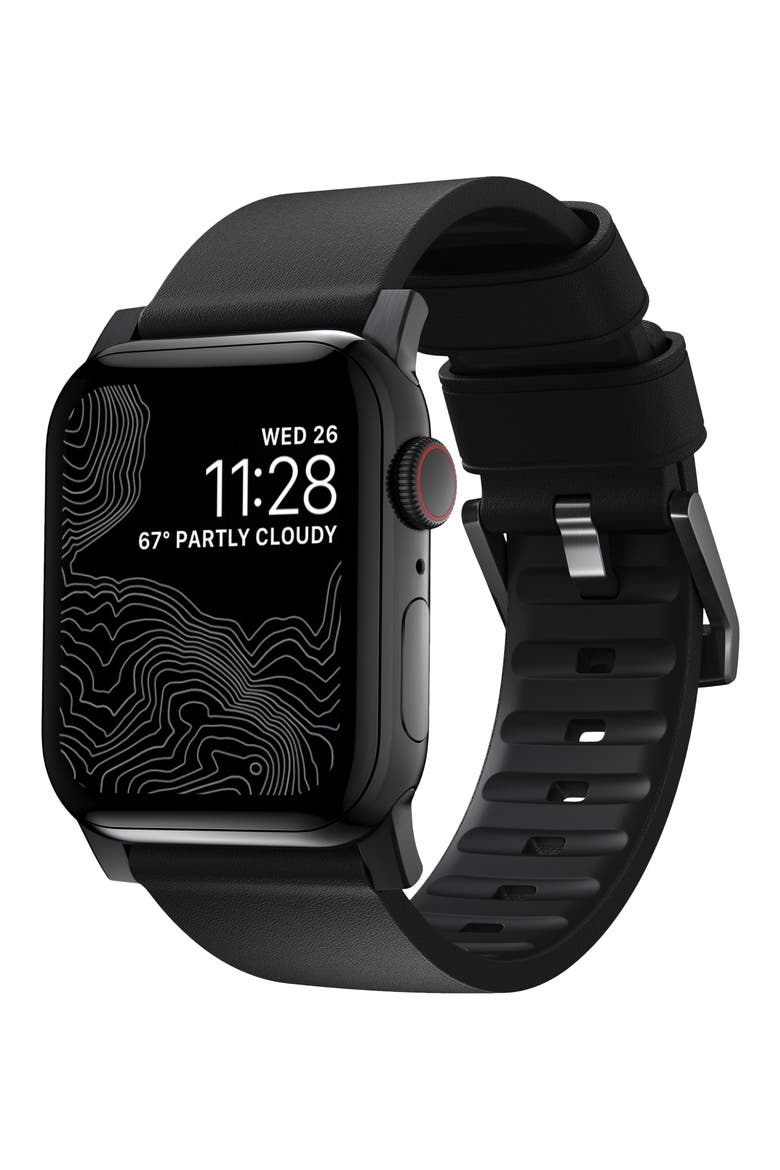 Modern Leather 24mm Apple Watch® Watchband, Main, color, BLACK/ BLACK