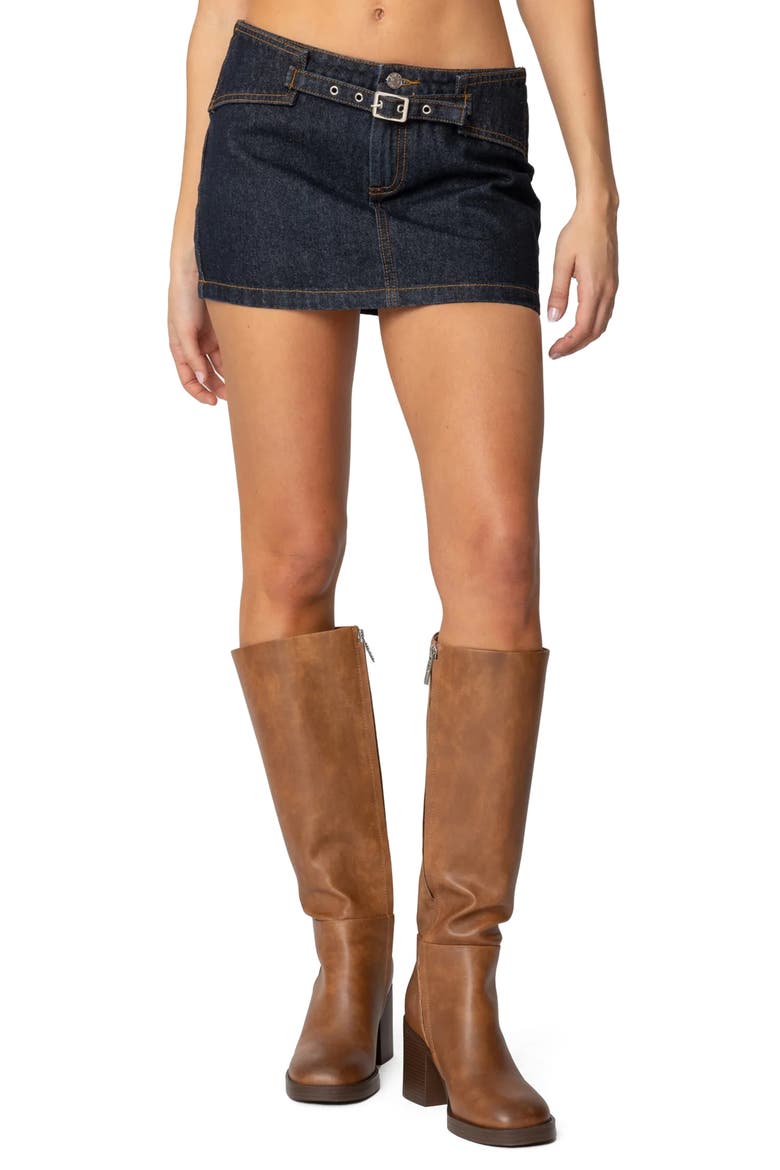 Keira Buckle Denim Miniskirt, Main, color, DARK-BLUE