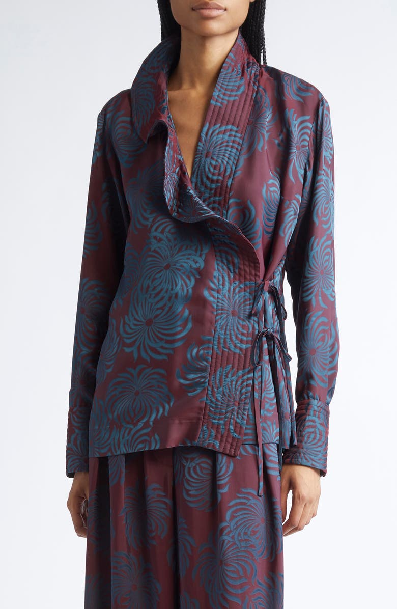 Dries Van Noten Calberton Jacquard Ruffle Wrap Shirt, Main, color, Burgundy