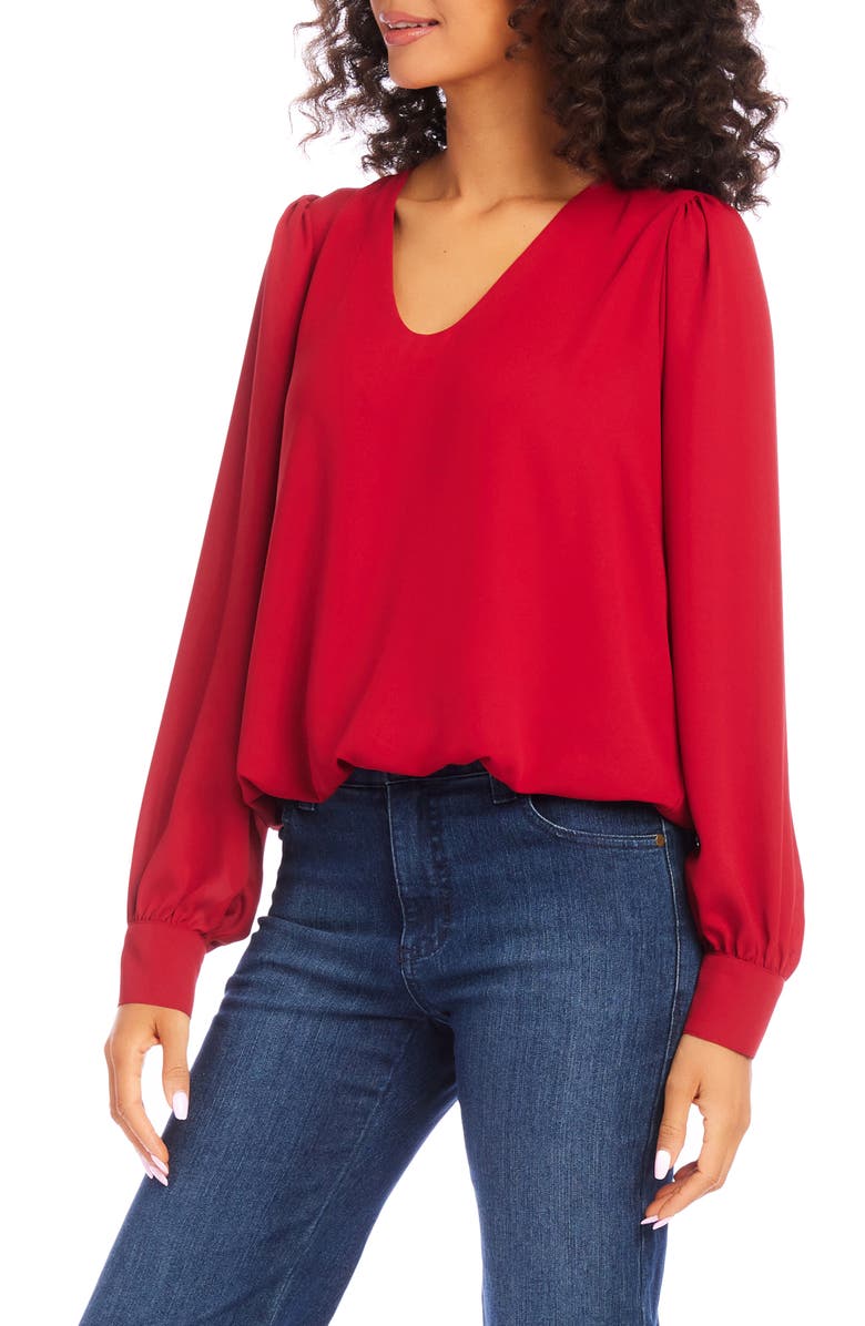 Karen Kane Puff Sleeve V-Neck Crepe Top, Alternate, color, Red