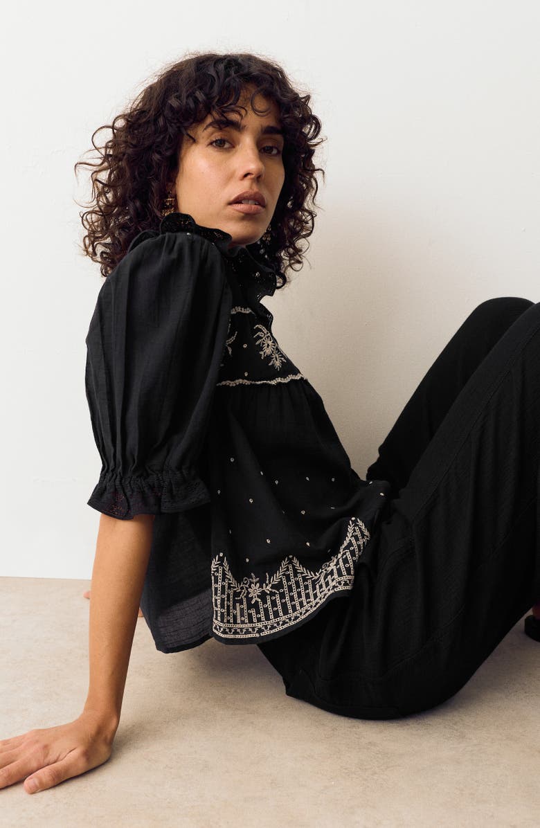 PER UNA BY M&S Embroidered Lace Collar Top, Alternate, color, Black/ Multi