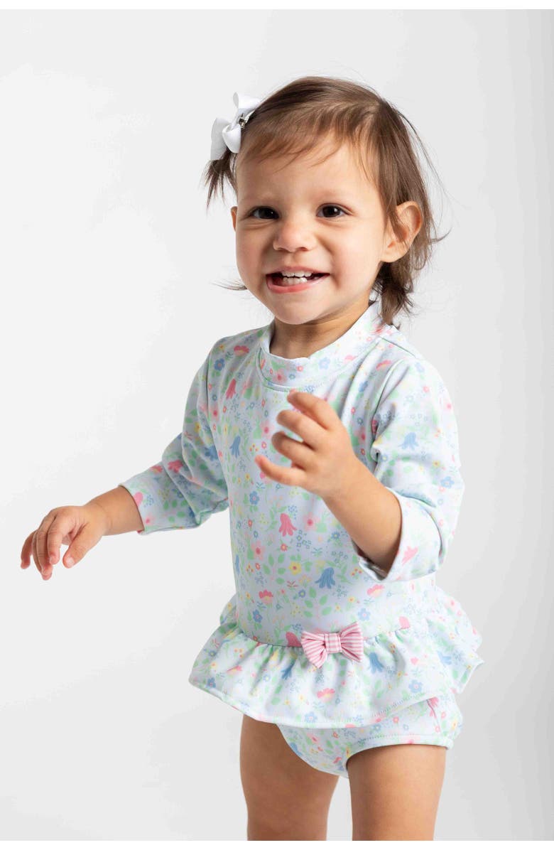 Florence Eiseman Floral Print One Piece Rashguard with Bow, Alternate, color, Blue/Multi