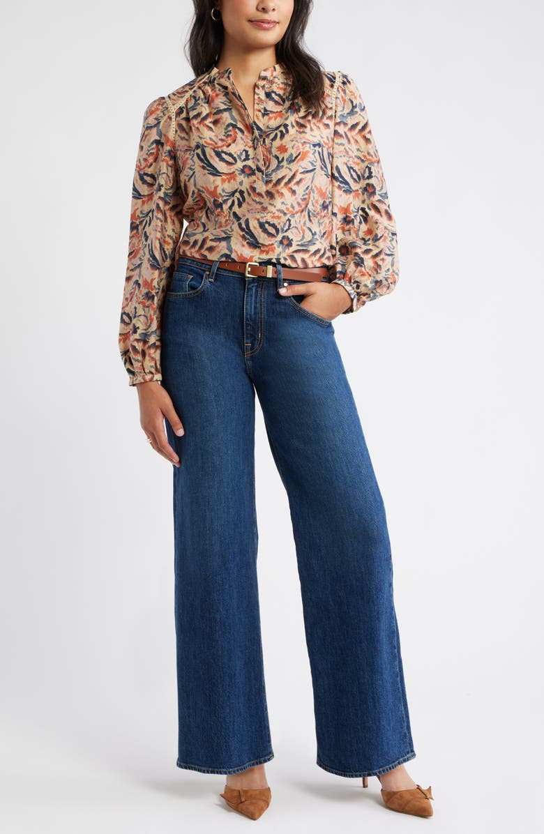 Caslon<sup>®</sup> Embroidered Inset Top, Alternate, color, Tan- Navy Ikat Blossom