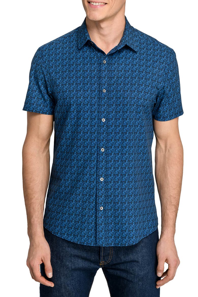 Basic Slim Fit Abstract Blur Short Sleeve Performance Button-Up Shirt, Main, color, BLUE