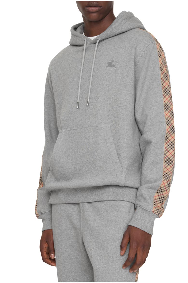 Check Trim Cotton Hoodie, Main, color, Pale grey melange