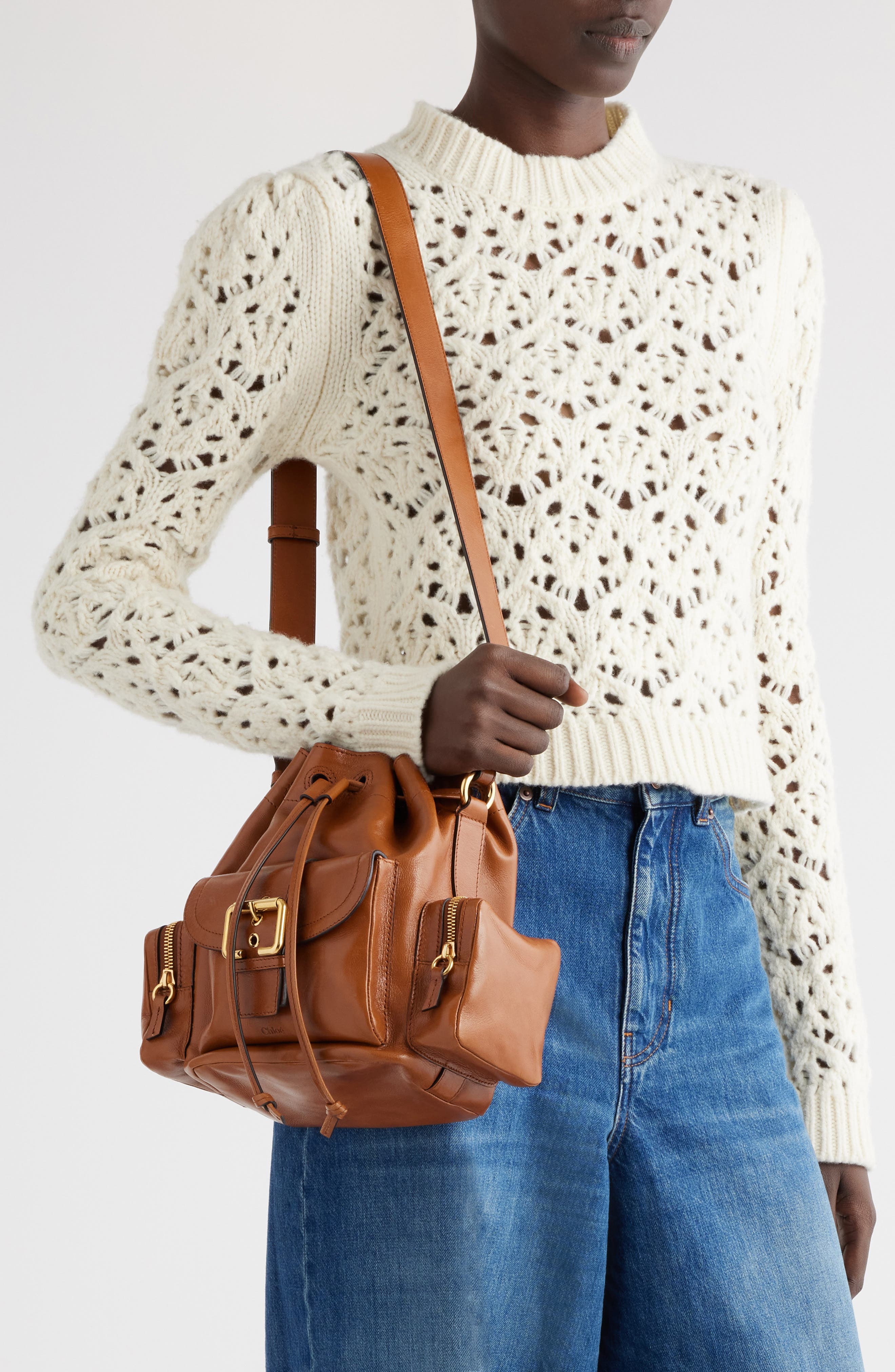 Camera Leather Bucket Bag, Alternate, color, CLAY BROWN