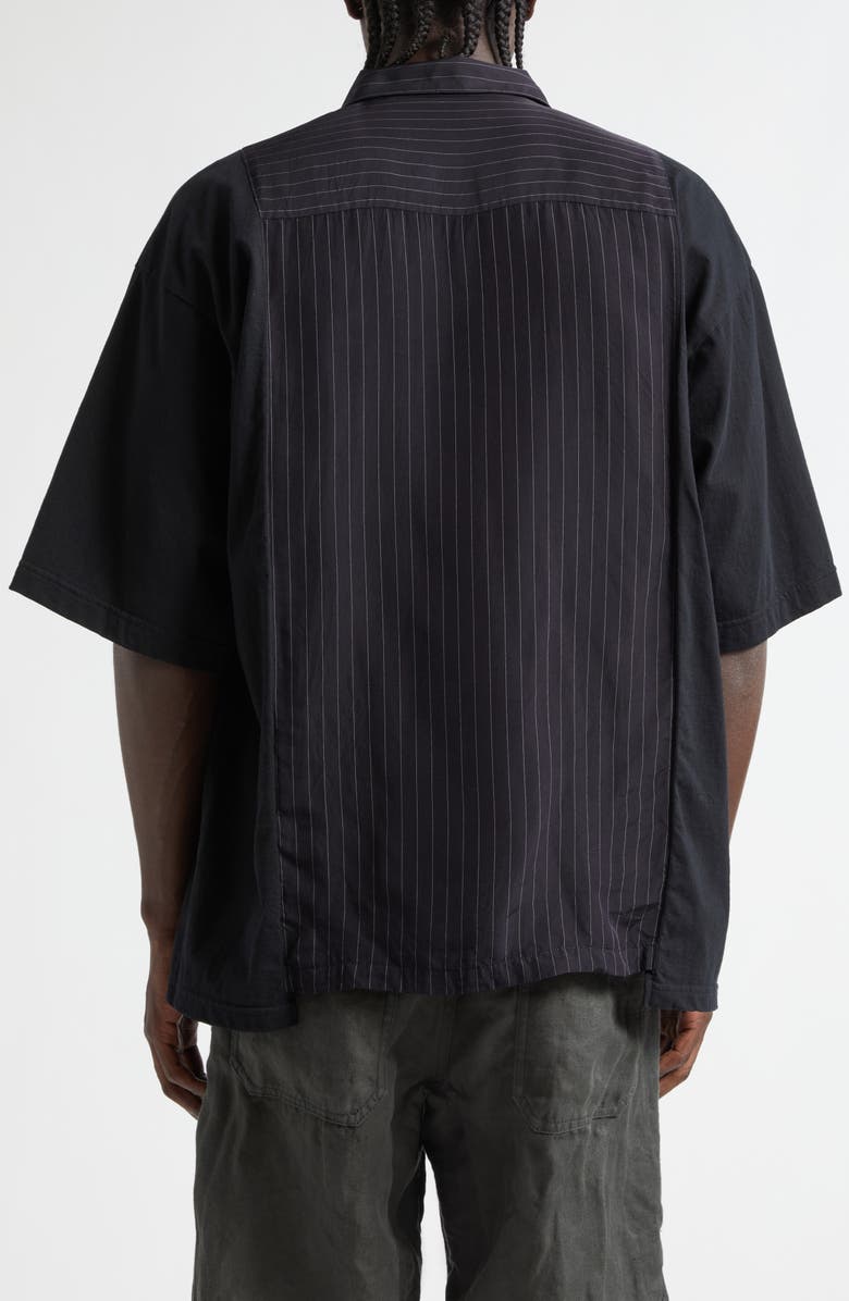 Undercover Mixed Media Pinstripe Short Sleeve Button-Up Shirt, Alternate, color, Navy Stripe