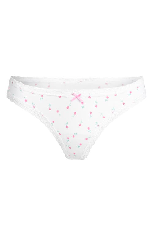 Skims Lightweight Cotton Lace Trim Thong In Snow Rose Print