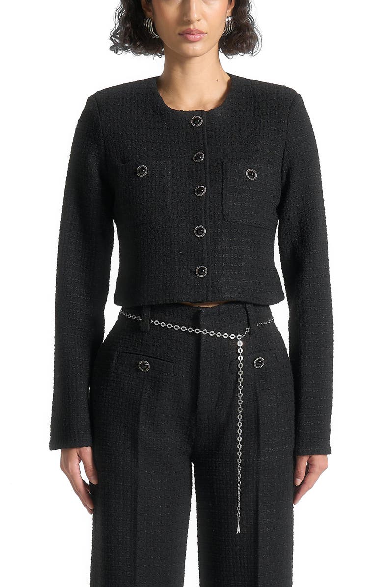 Manière De Voir Celine Cropped Tweed Jacket with Pearls, Main, color, Black