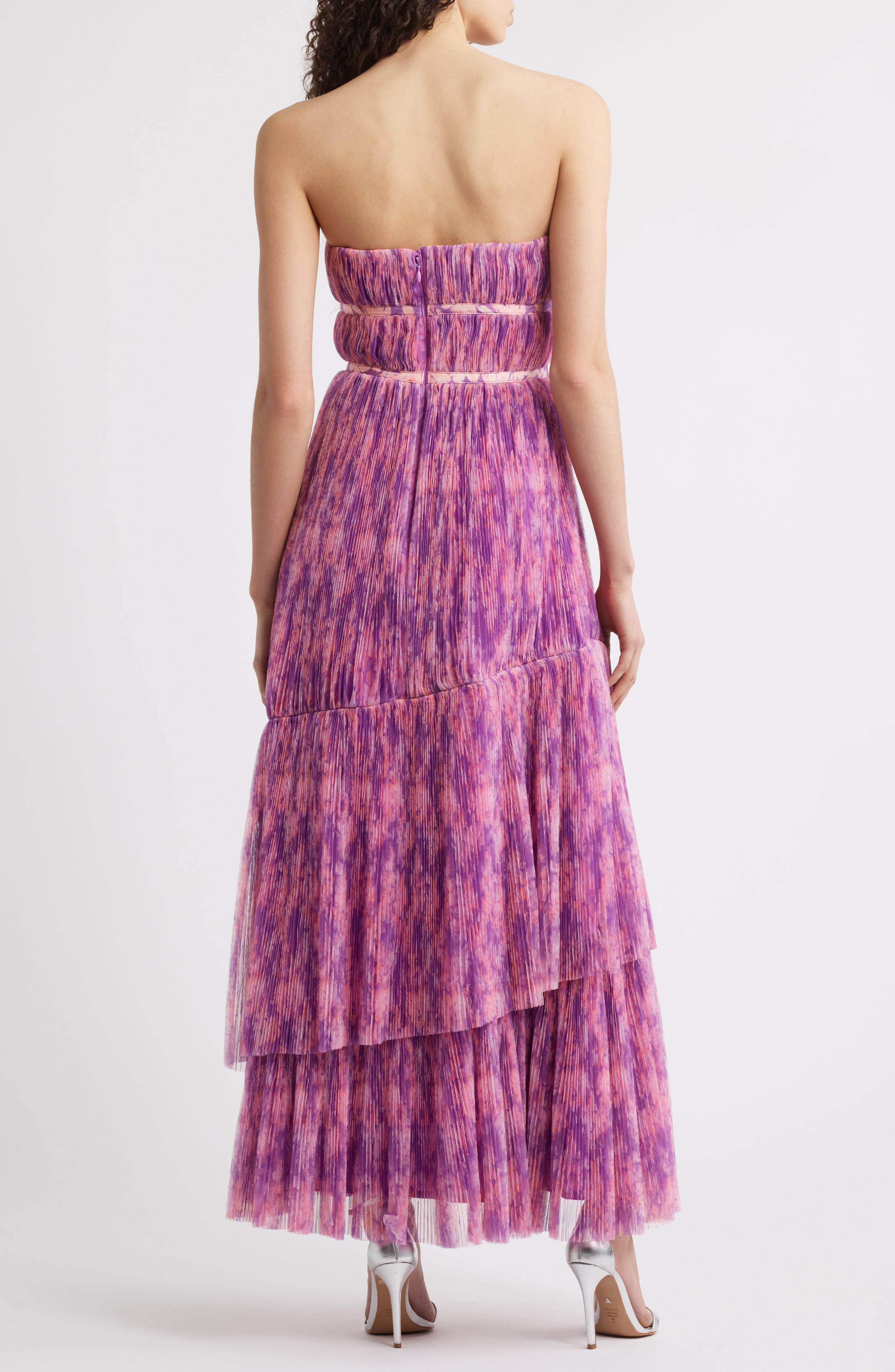 Print Plisse Layered Ruffle Strapless Gown - image 2