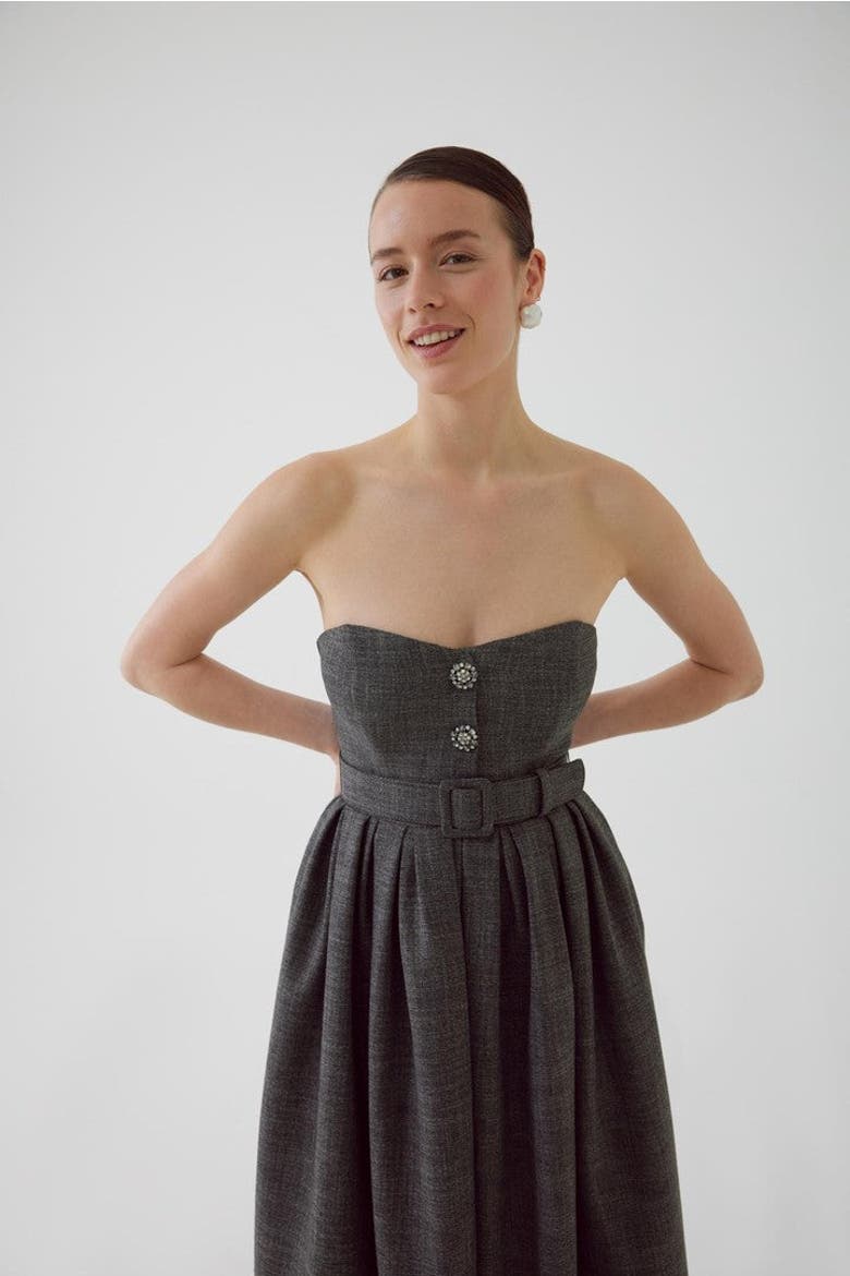 Arlan Midi Strapless Dress, Alternate, color, ANTHRACITE