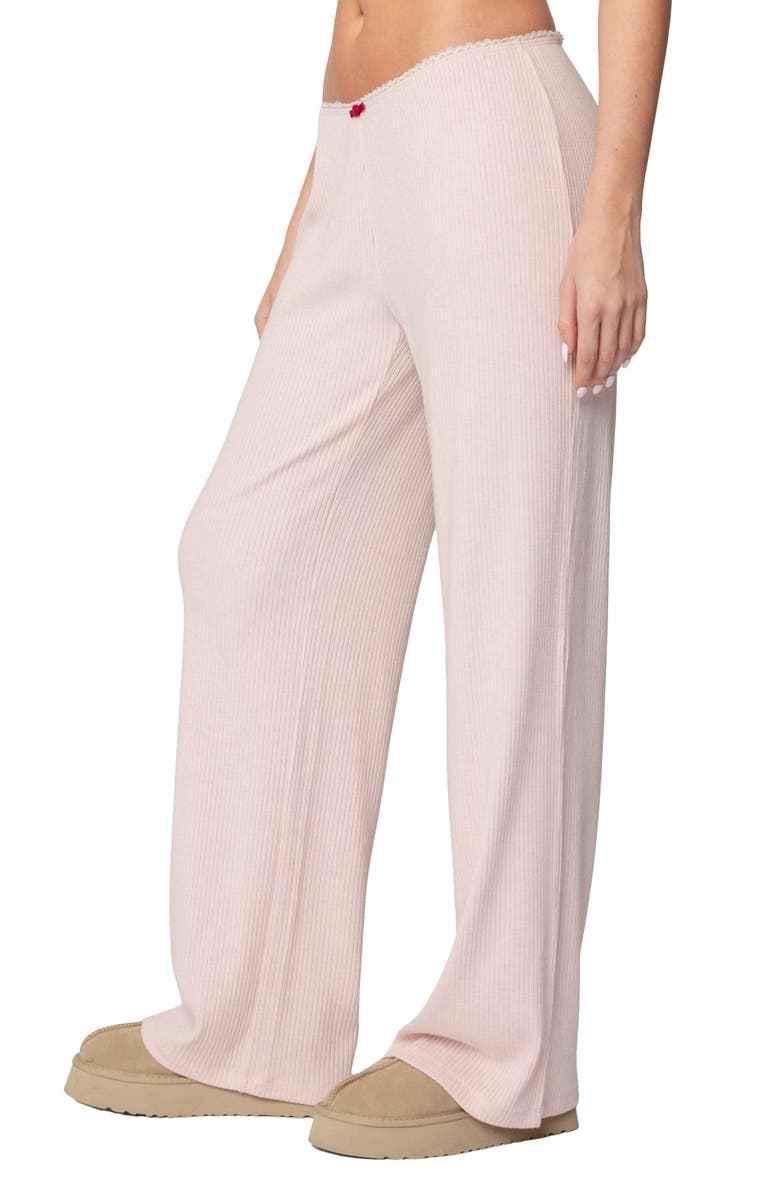 EDIKTED Roselle Lace Trim Rib Wide Leg Pants, Alternate, color, Light-Pink