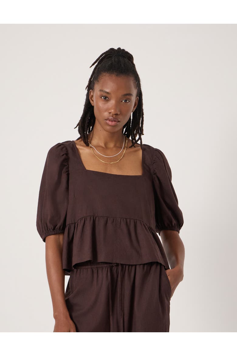 Alva Puff Sleeve Linen Beach Top, Main, color, Dark Brown