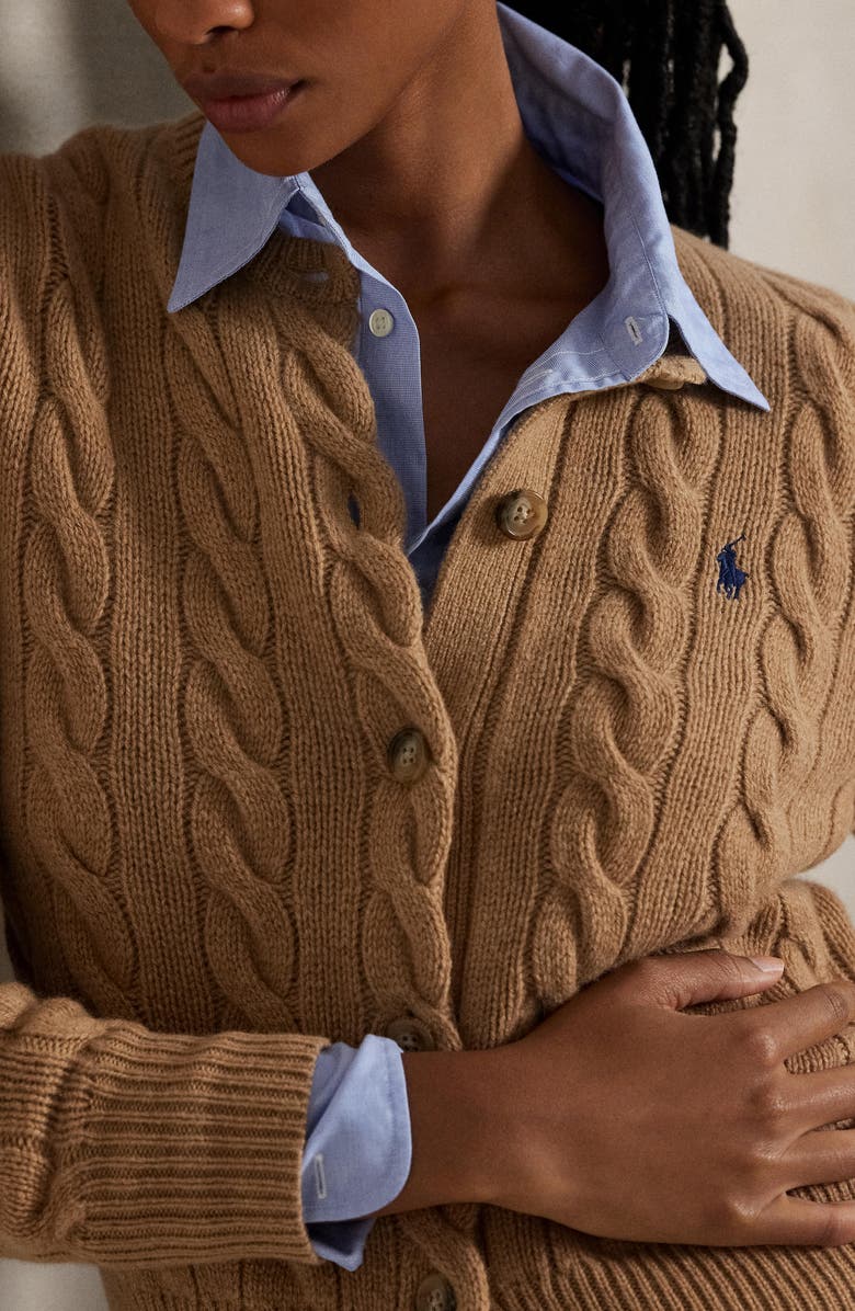 Polo Ralph Lauren Cable Knit Wool & Cashmere Cardigan, Alternate, color, Collection Camel Melange