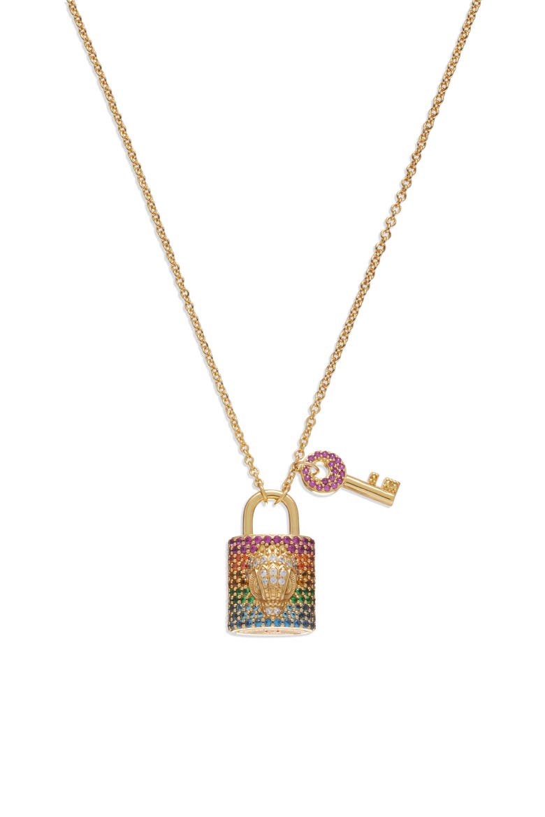 Rainbow Pavé Crystal Lock & Key Pendant Necklace, Alternate, color, RAINBOW