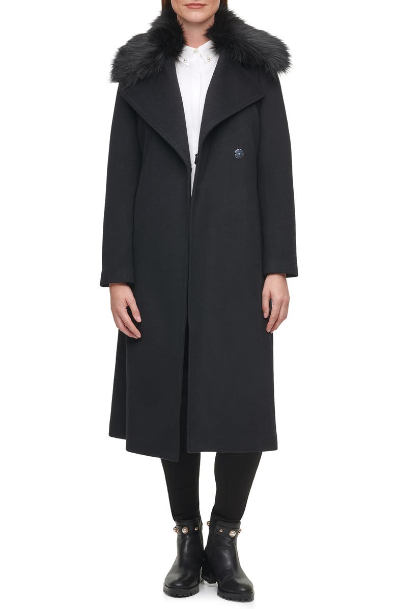 KARL LAGERFELD PARIS Belted Wool Blend Coat with Faux Fur Trim, Main, color, 