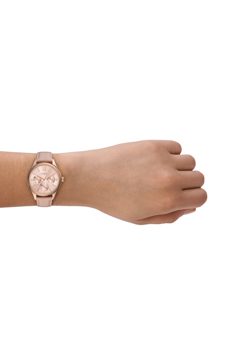 Fossil Rye Quartz Multifunction Leather Strap Watch, 36mm, Alternate, color, Rose Gold