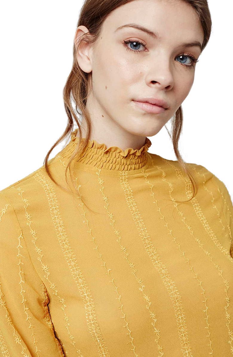 Topshop Smocked Trim Long Sleeve Top, Alternate, color, Mustard