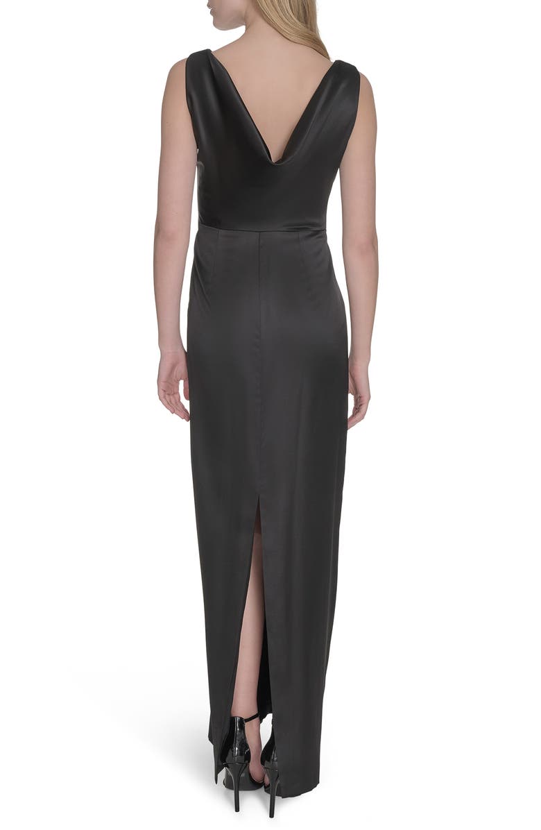 Cowl Back Square Neck Satin Column Gown