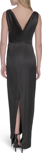 Cowl Back Square Neck Satin Column Gown