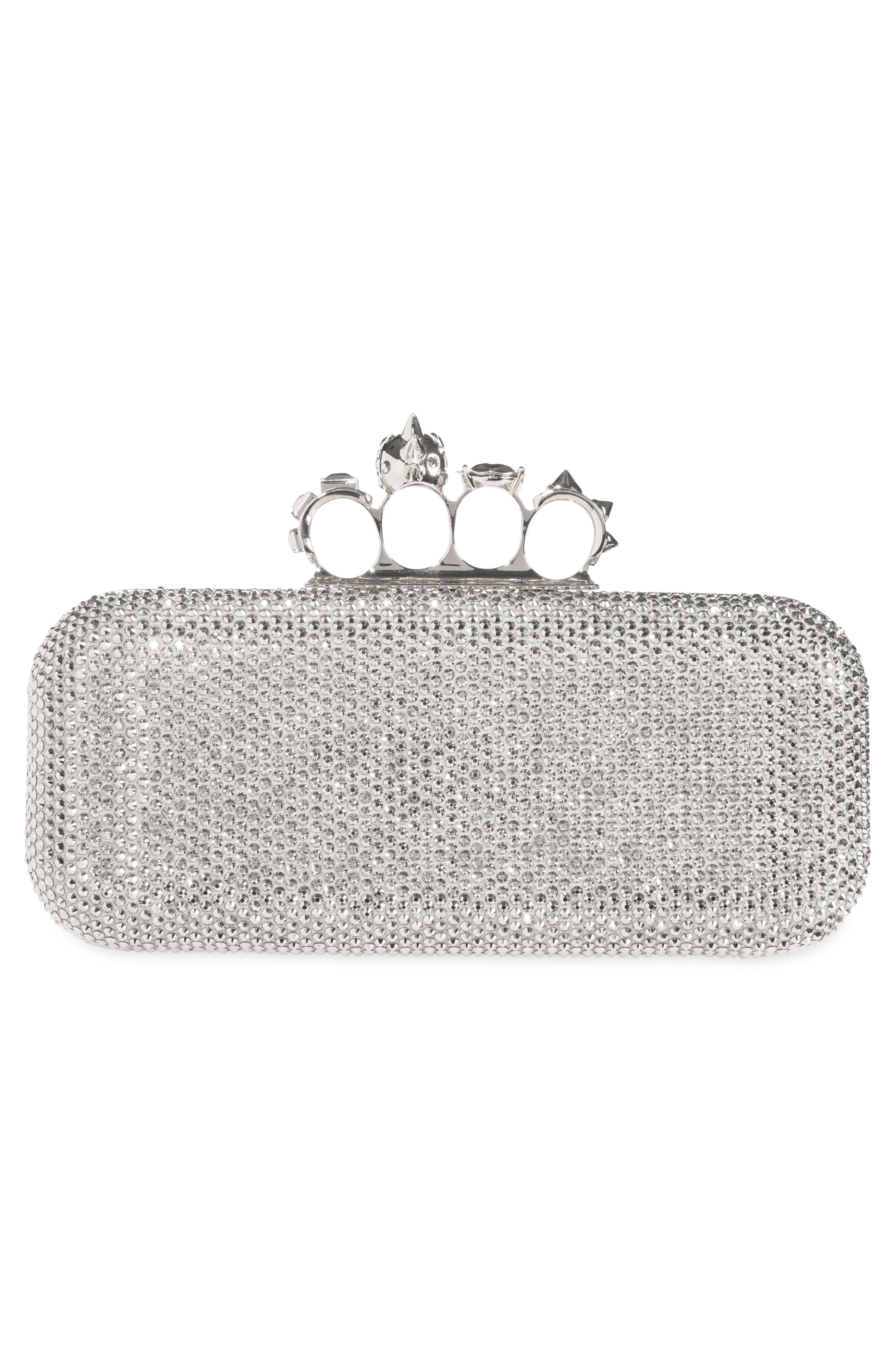 Long Knuckle Crystal Embellished Suede Clutch, Alternate, color, LEAD