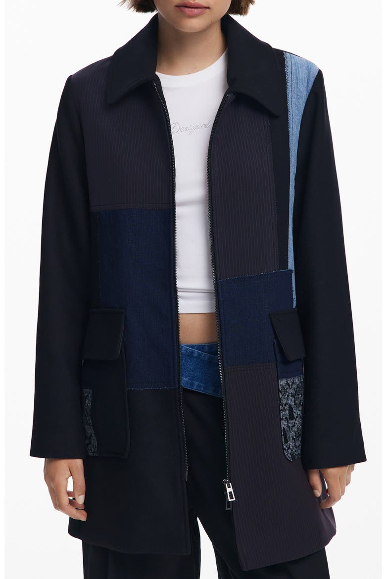 Patchwork Overcoat, Main, color, BLACK