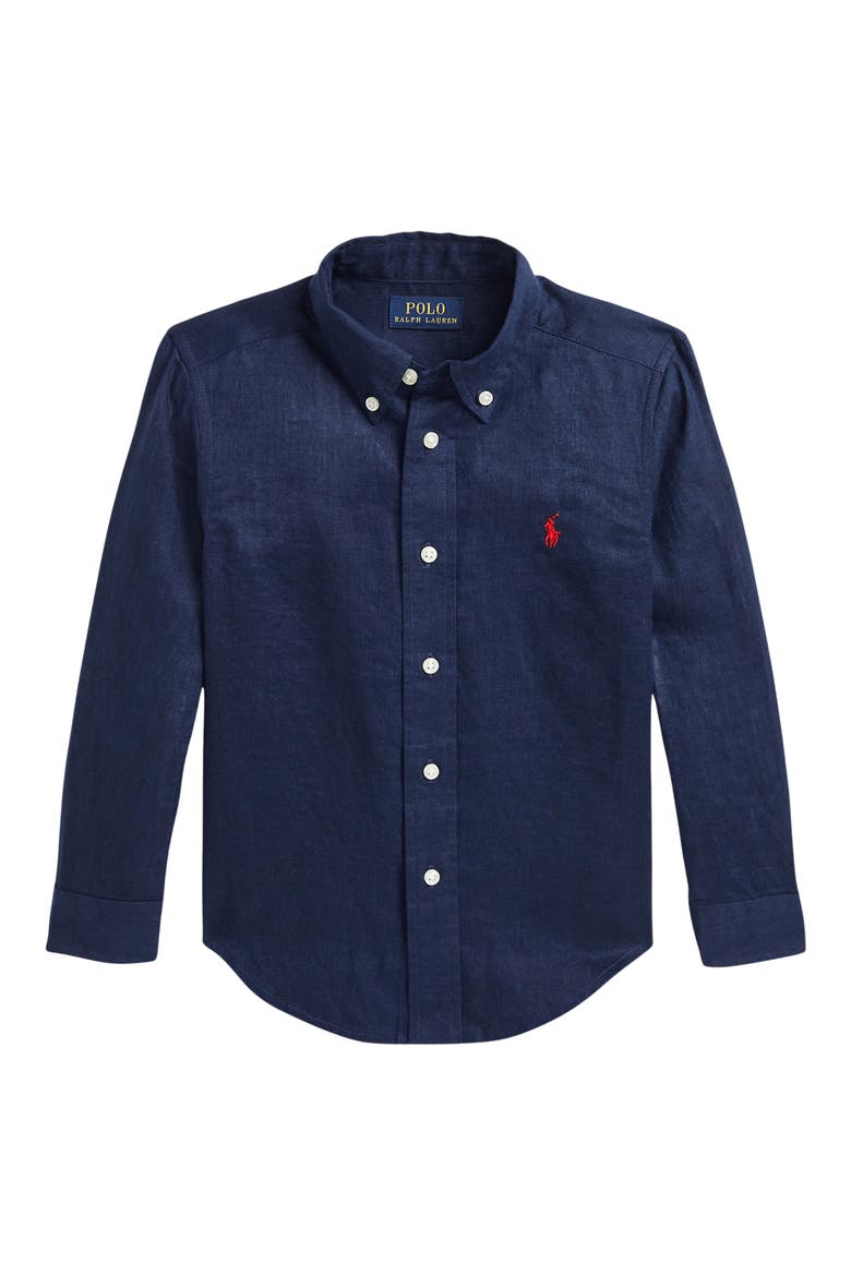 Kids' Solid Linen Button-Down Oxford Shirt, Main, color, NAVY