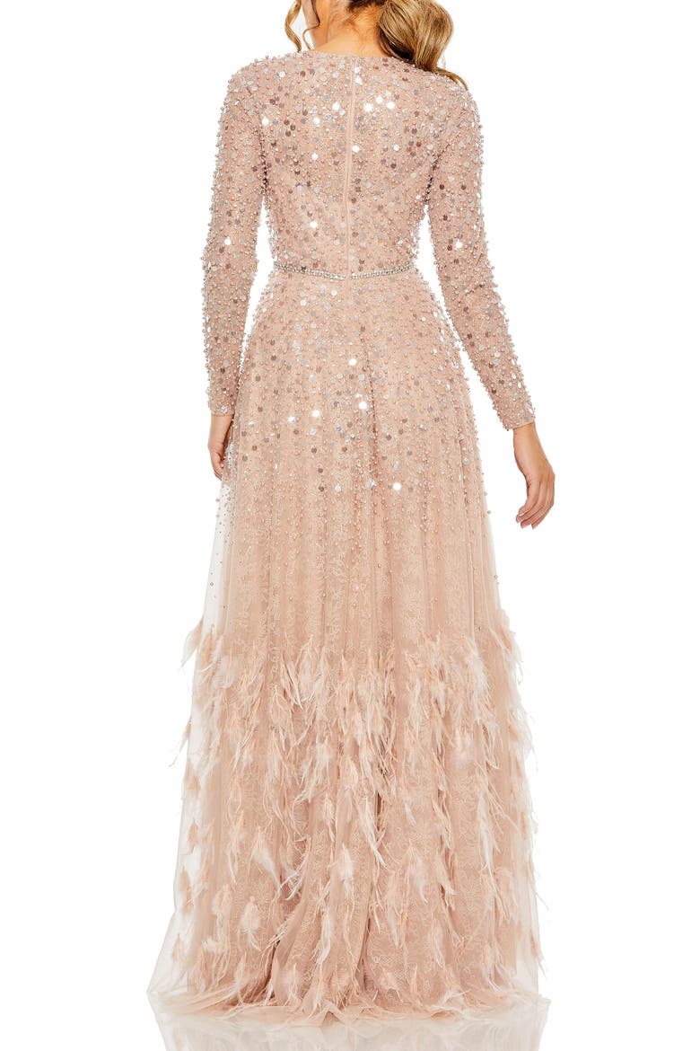 Disc Embellished Sequin Gown with Feather Detail, Alternate, color, Dusty Rose