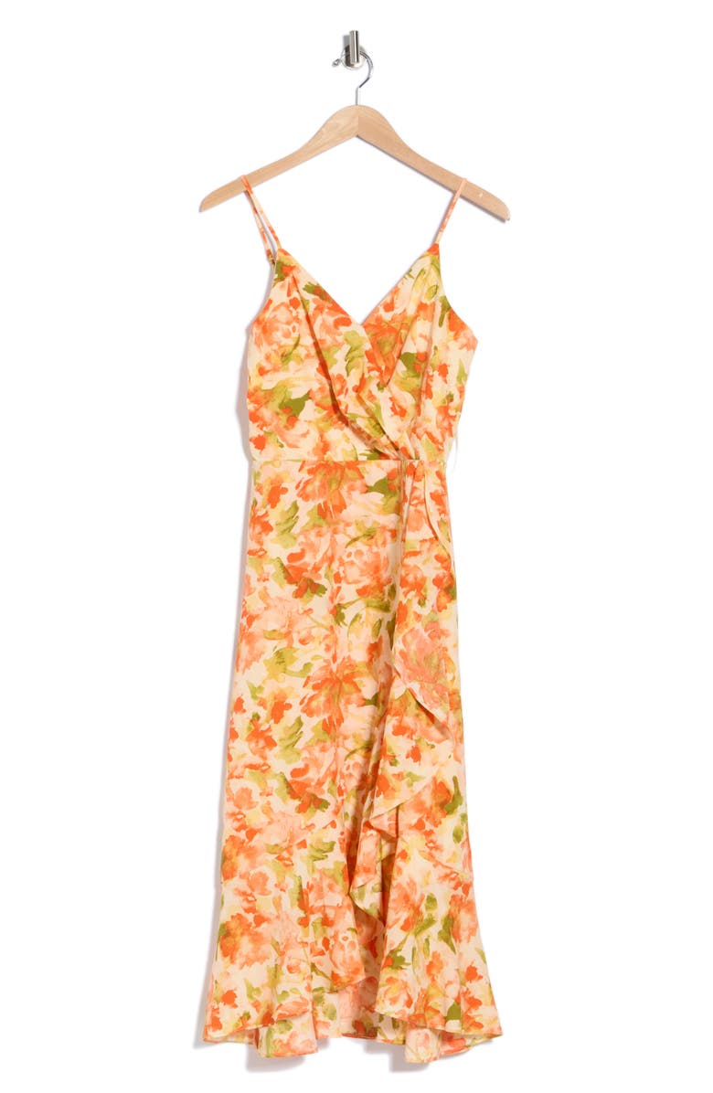 Chelsea28 Floral Faux Wrap Midi Dress, Main, color, Orange Green Rebecca Floral