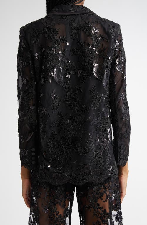 Alice And Olivia Judith Embellished Sheer Lace Notch Collar Blazer In Black
