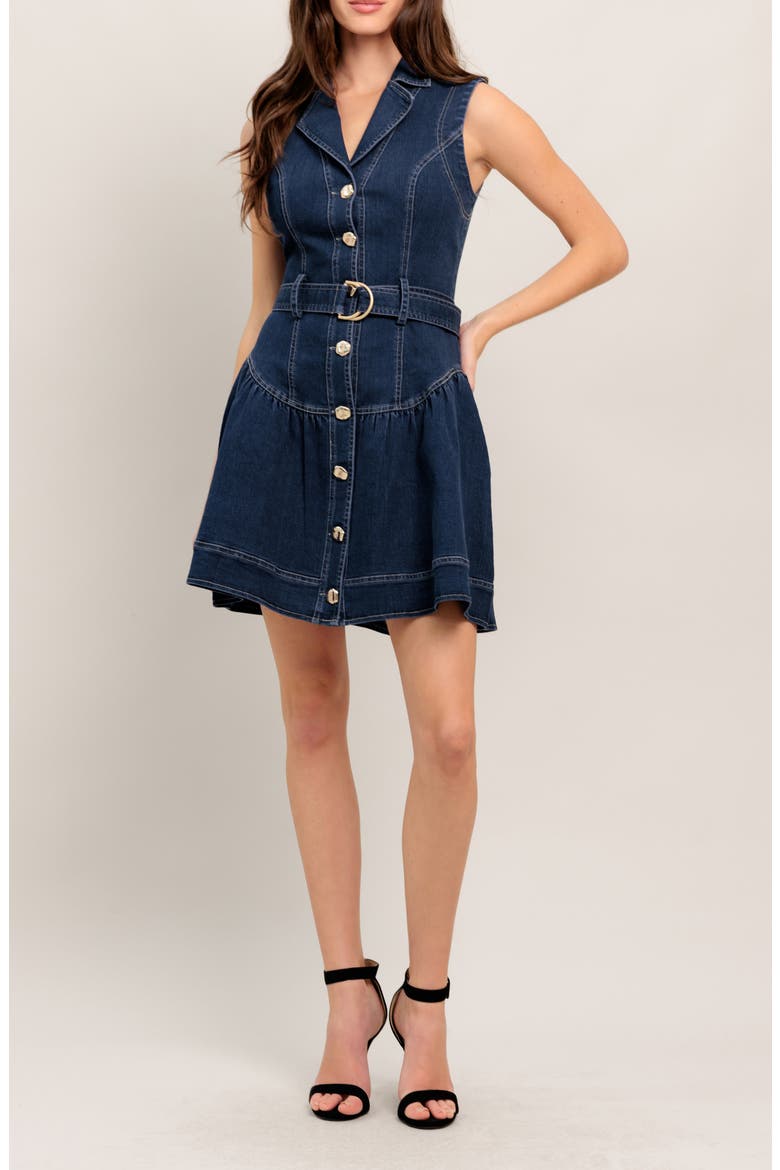 Belted Sleeveless Denim Minidress, Main, color, MEDIUM INDIGO