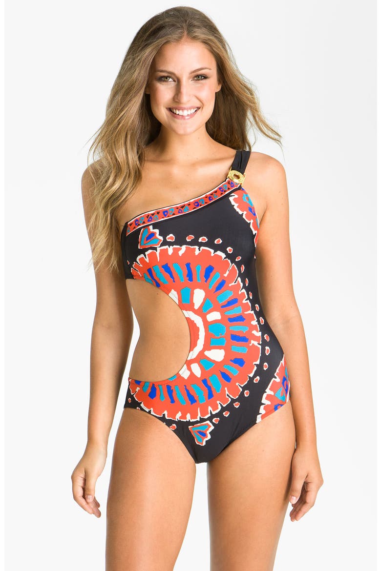 'Yukateca' One Shoulder Swimsuit, Main, color, BLACK