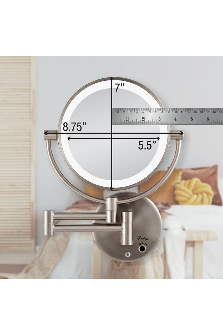 Lighted Wall Mounted Makeup Mirror with 5X/1X Magnification & Cordless, Alternate, color, Satin Nickel