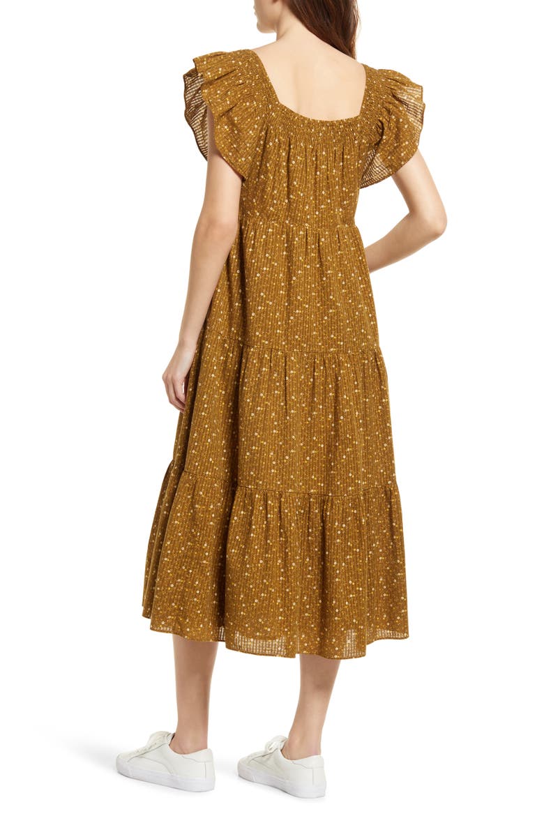 Daisy Stitch Ruffle Sleeve Tiered Midi Dress, Alternate, color, WEATHERED OLIVE