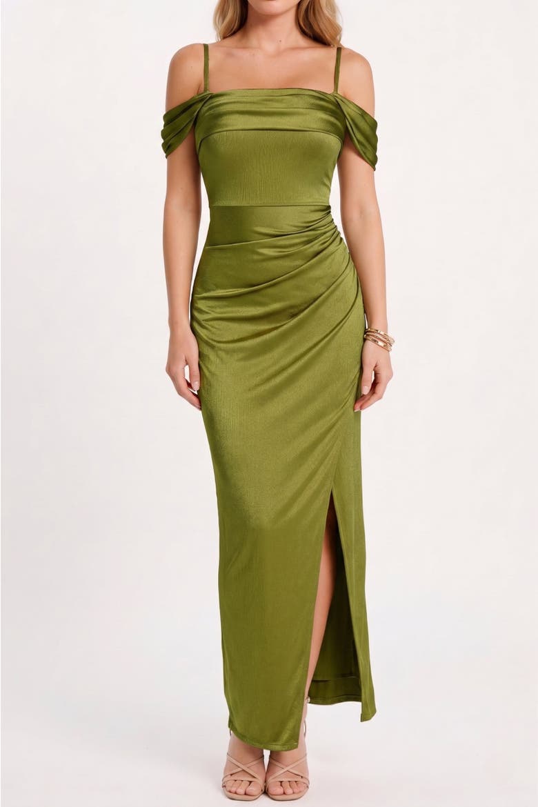 Liquid Metallic Fabric Off Shoulder Shine Ruched Sculpting Maxi Shapewear Dress, Main, color, Metallic Olive