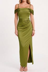 Popilush Liquid Metallic Fabric Off Shoulder Shine Ruched Sculpting Maxi Shapewear Dress