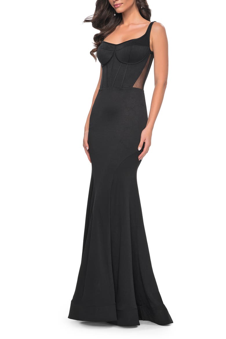 Mermaid Jersey Gown with Bustier Top and Lace Up Back, Main, color, Black
