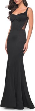 La Femme Mermaid Jersey Gown with Bustier Top and Lace Up Back
