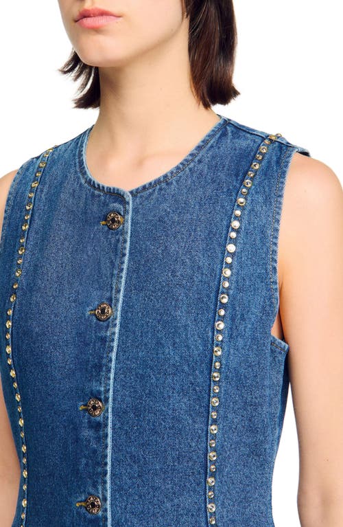 Sandro Rhinestone Denim Top In Blue